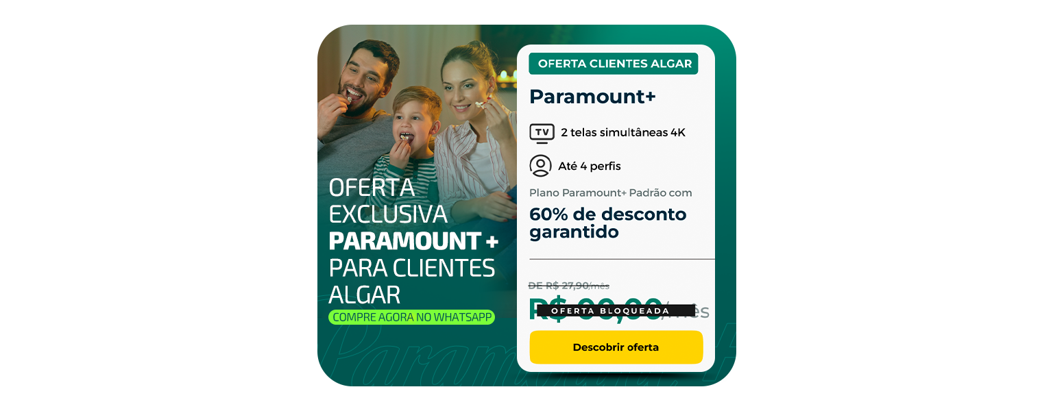 Assine o Paramount+ com 2 telas simultâneas, resolução FULL HD, podendo baixar para ver offline. Por apenas R$ 19,90 por mês.